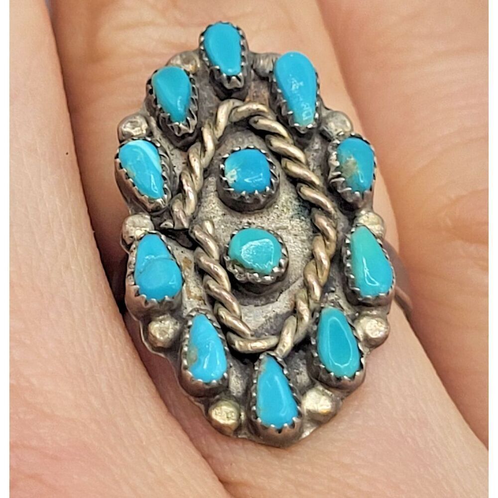HUGE Vtg  Native American Navajo Silver Turquoise Cluster 1 " Long Ring sz 6.5